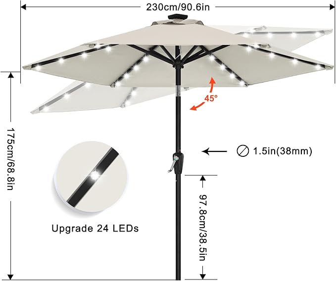 ABCCANOPY Durable Solar Led Patio Umbrellas with 32LED Lights 7.5FT (Light Beige)