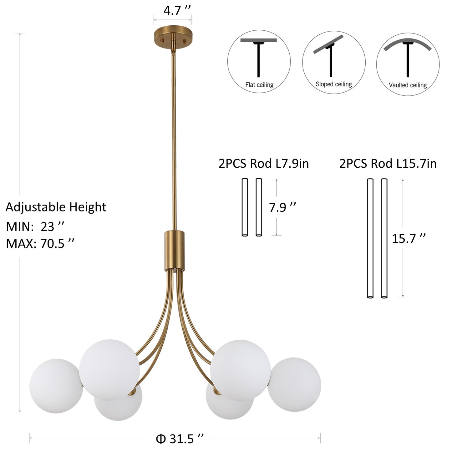 CNRATYE 6-Light Modern Farmhouse Gold Chandeliers for Dining Room Light Fixture, Mid Century Hanging Sputnik Chandelier for Living Room Kitchen Island Bedroom Foyer, Milk White Globe Glass Shade