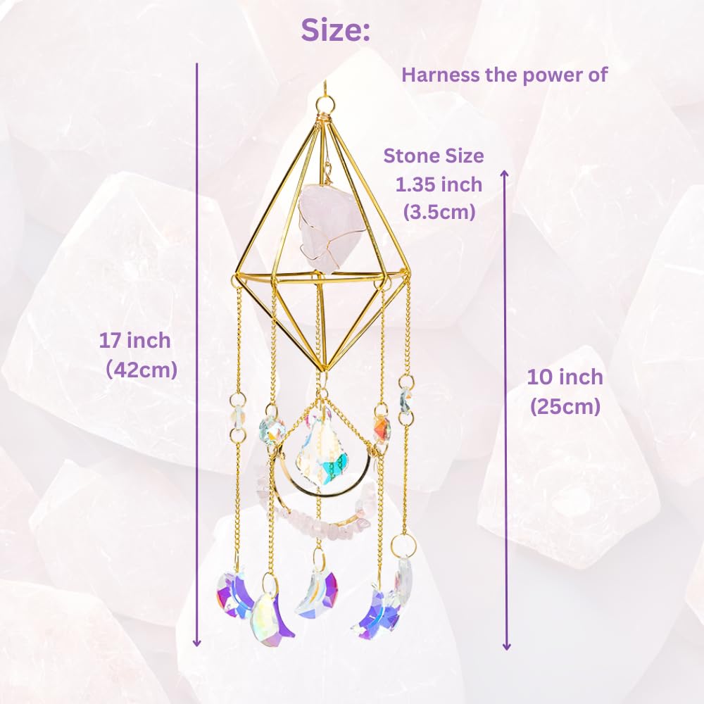 Crystal Suncatcher – Gold-Plated Hanging Window Decoration with Healing Crystals – Prism Sun Catcher for Home, Garden, Indoor or Gift – Sparkling Sun Catchers & Positive Energy (Rose Quartz)
