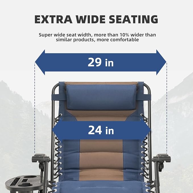 Zero Gravity Chair Set of 2 Oversized Padded Recliner with Adjustable Headrest & Cup Holder - 600D Oxford Folding Lounge Chair for Outdoor Camping, Patio, Poolside (Brown & Blue)