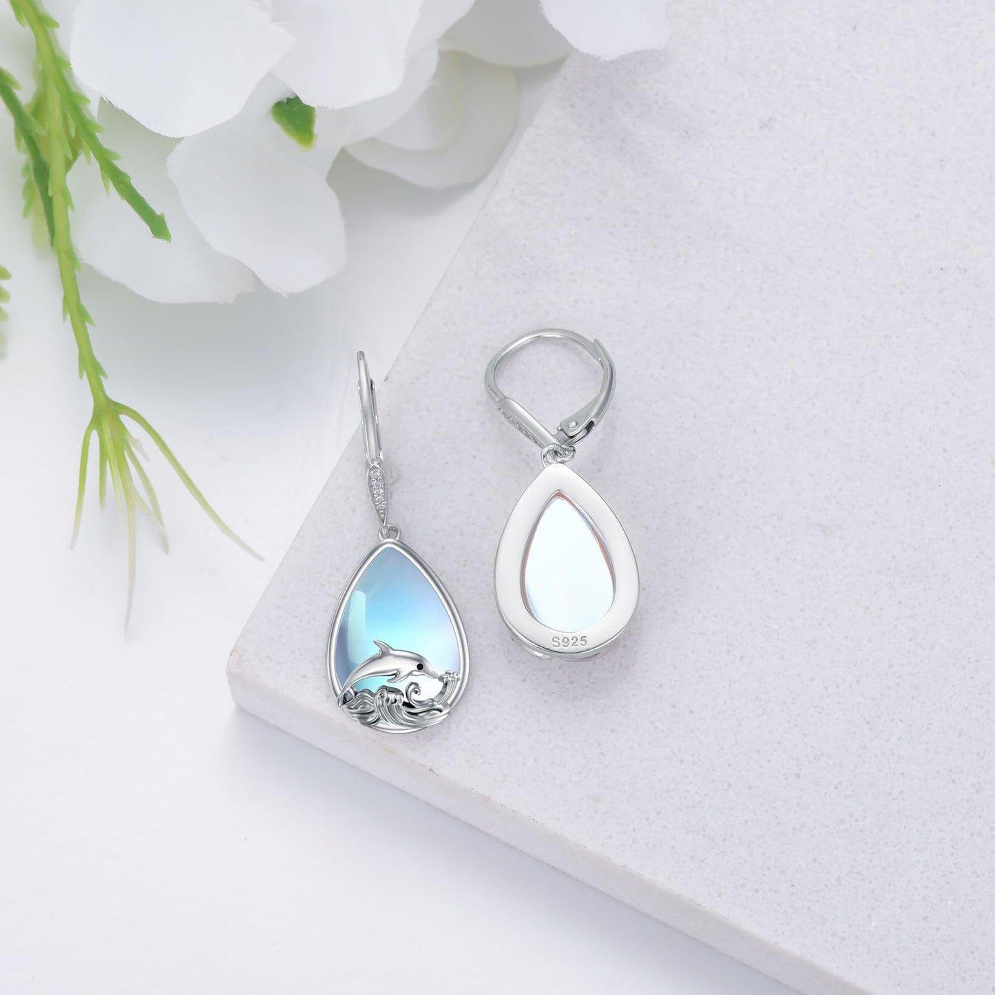 VONALA Dolphin Earrings 925 Sterling Silver Moonstone Leverback Earrings Waves Dangle Drop Dangling Earrings Ocean Animal Jewelry Gifts for Women