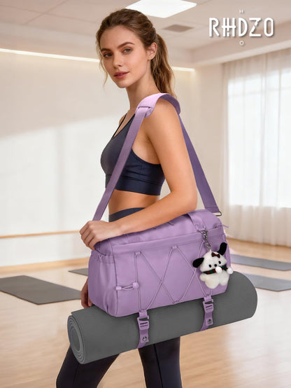 Small Gym Bag for Women with Yoga Mat Holder and Wet Compartment, Mini Gym Duffle Bag Yoga Bag with Water Bottle Pocket for Workout Travel, Purple