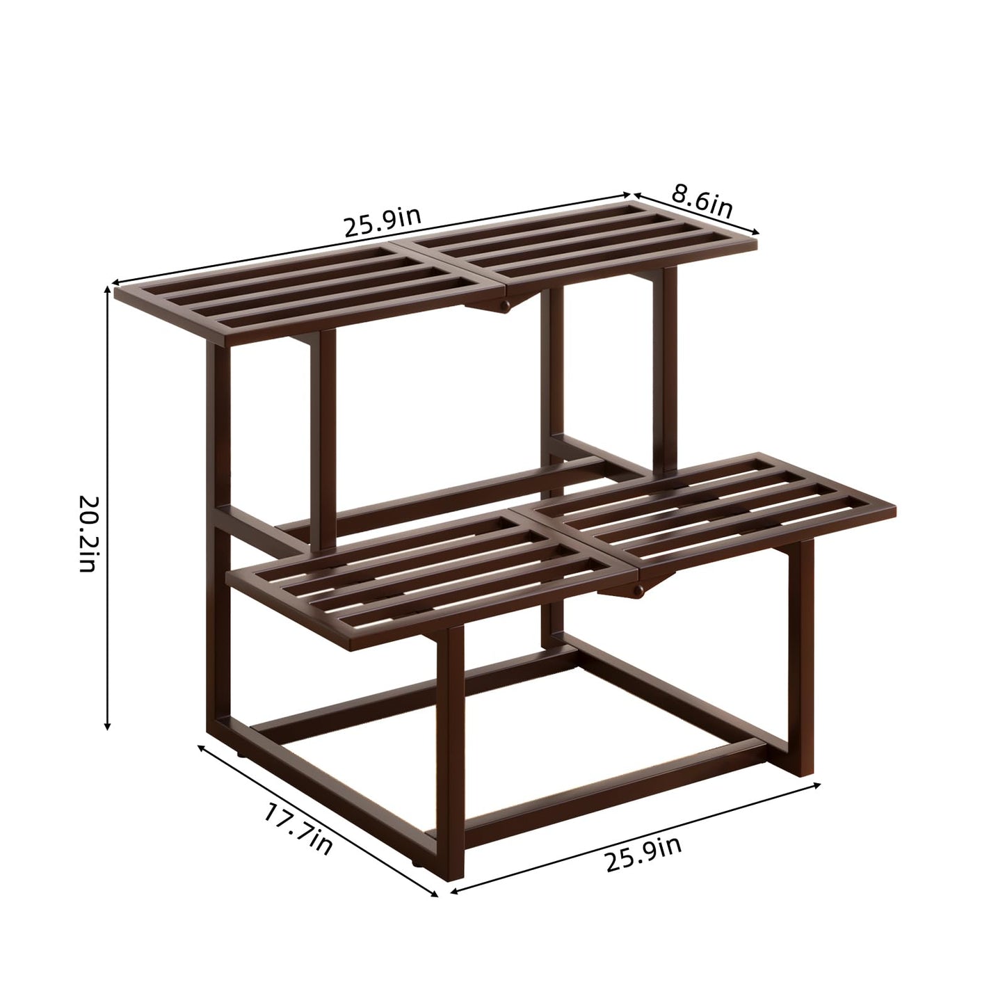 Rioneta Plant Stand Indoor Outdoor, Foldable Metal Plant Shelf for Multiple Pots, Mid Century Slatted Bench for Patio Garden, Heavy Duty Capacity 330 lbs 2 Tier Coffee