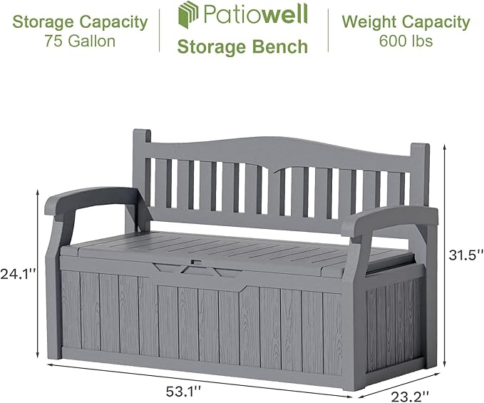 Patiowell 75 Gallon Plastic Storage Bench, Water-Resistant Deck Box for Patio Furniture, Garden Tools, Pool Storage and Outdoor Cushions, Grey