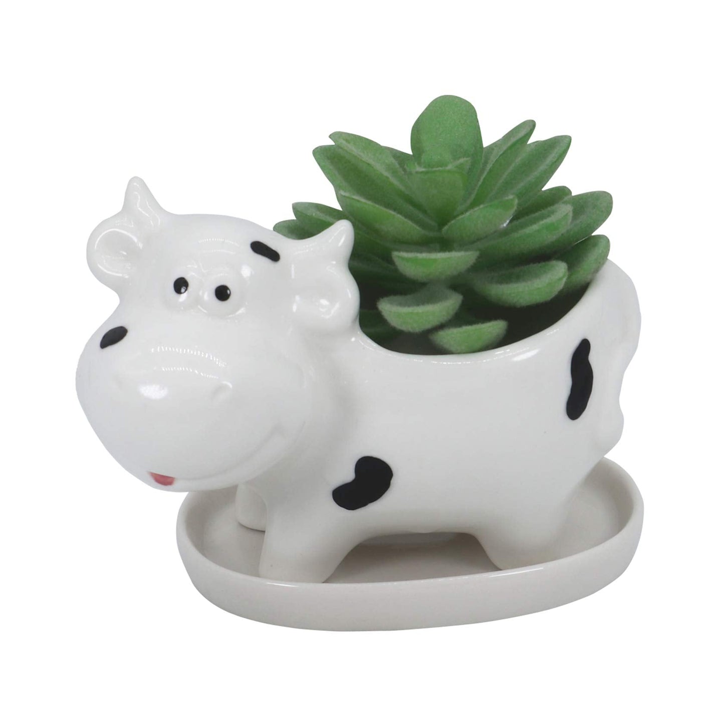 Gemseek Cute Cow Succulent Planter Pot with Drainage Tray, Small White Ceramic Cactus Flower Container, Animal Shaped Indoor Air Plants Holder