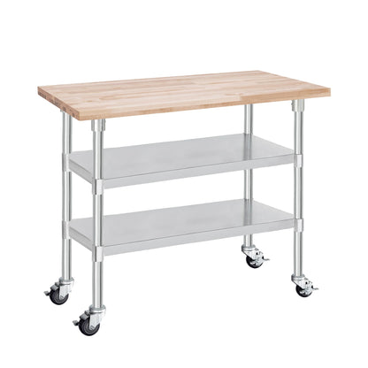 DuraSteel Butcher Block Counter Top - 24 x 48 x 34" Height with 4 Caster Wheels (2 Adjustable) - Kitchen, Side, Coffee, or Dining Table - Optional Base Leg Units, Natural Maple Slab Work Bench Top