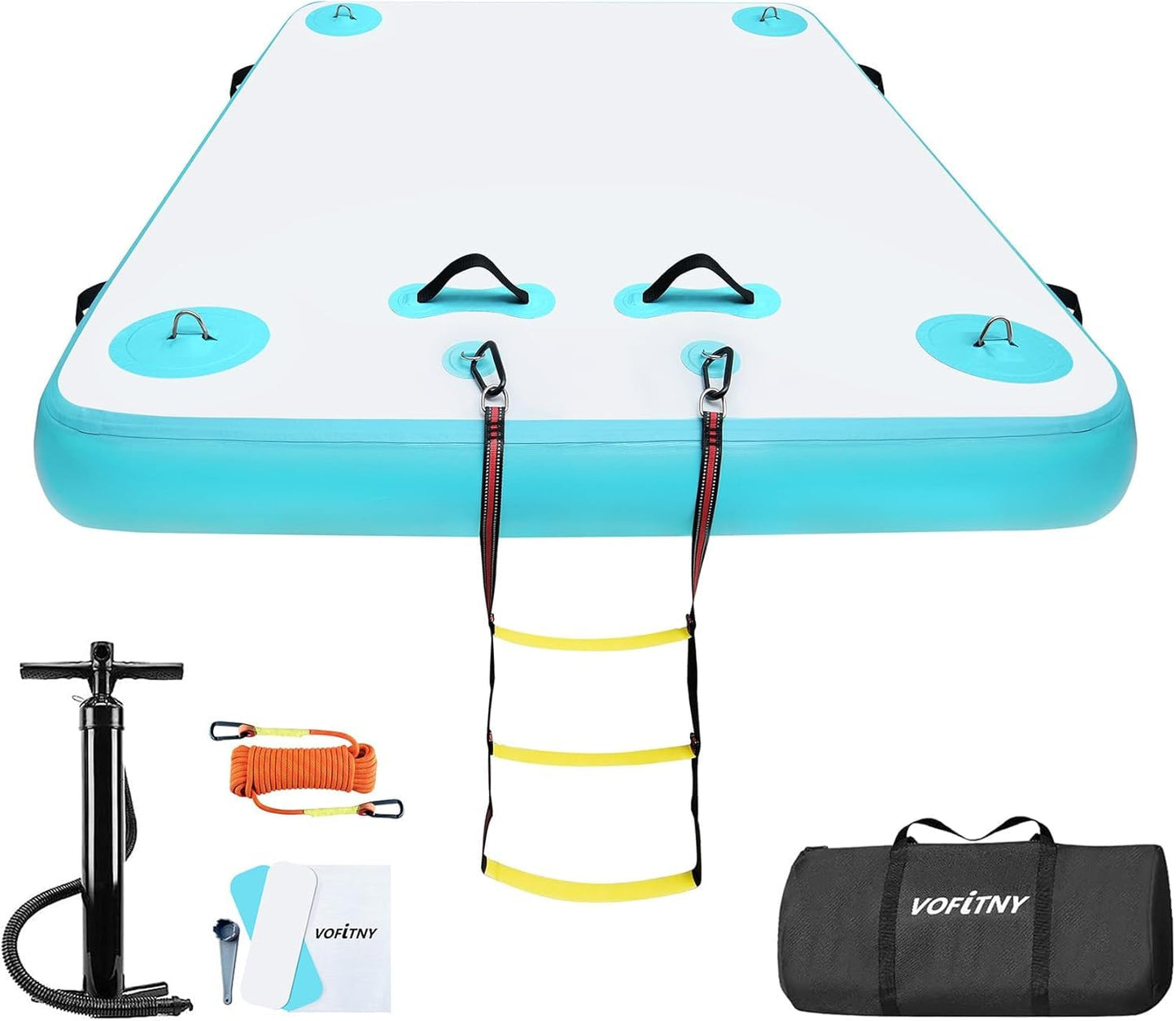 Inflatable Floating Dock Air Platform Multi-Person Swim Water Mat with Rope Ladder, None-Slip Surface for Lake Beach (5ft x 6ft x 6in, Cyan)