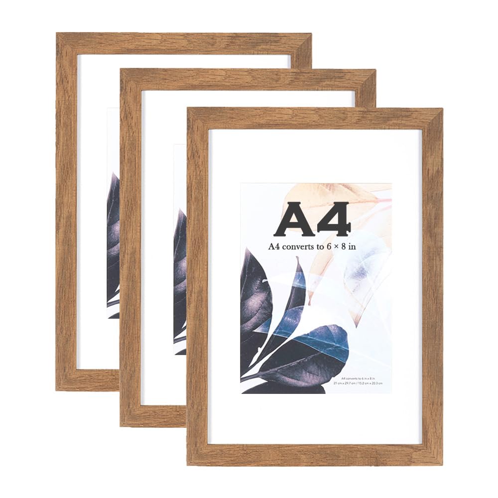 Brown Wooden Picture Frame A4 with Mount,Set of 3,A4 Picture Frame,A4 Poster Frame,certificate frame,Freestanding and Wall Mountable