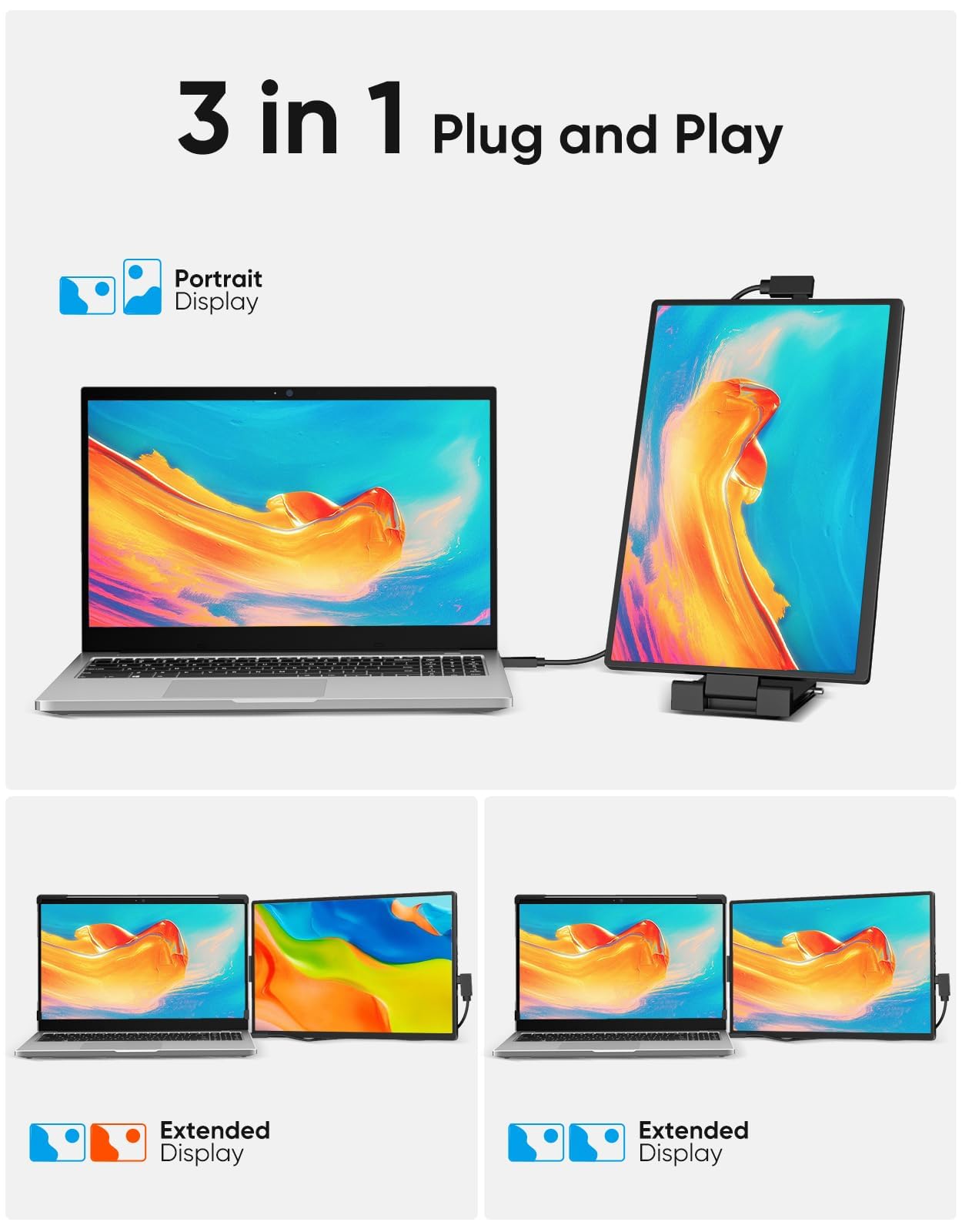 Laptop Screen Extender, 14" FHD 1200P IPS External Portable Monitor for Laptop, Plug & Play Dual Screen Monitor for 14"-17" Laptops, Compatible with Mac, Wins, Chrome, Android, Dex
