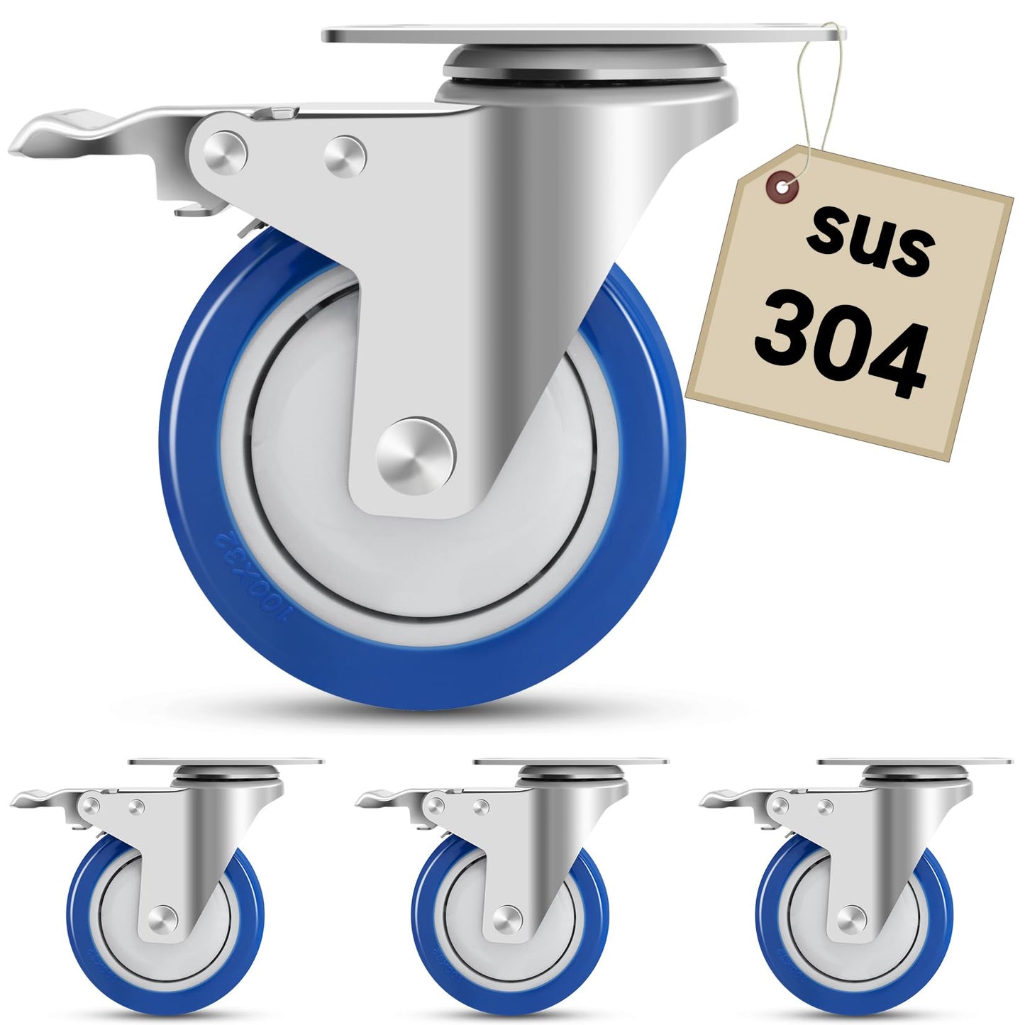 Nefish Stainless Steel 4 Inch Caster Wheels with Brake,304 Heavy Duty Stainless Casters Set of 4,Rust-Proof Industrial Castor for Furniture,Labs,Hospitals,Restaurants,Industrial Manufacturing
