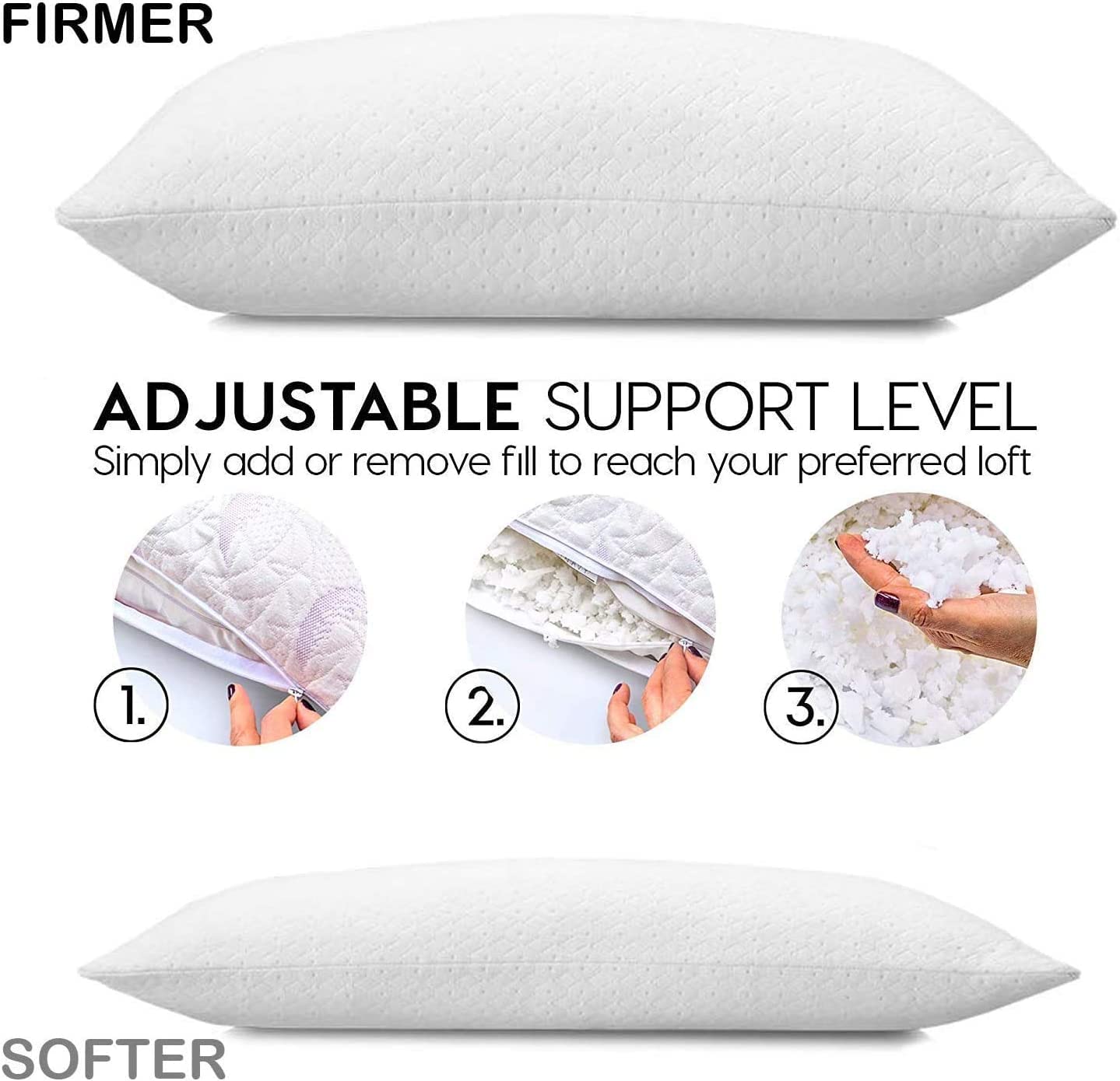 pillowLY Shredded Memory Foam Pillow For Neck Support & Pain Relief - 2 Comfort Zones (Soft & Firm) Adjustable for Stomach Back & Side Sleepers, Best Orthopedic Sleeping Pillow - Bamboo Cover