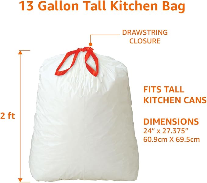 Amazon Basics 13 Gallon Tall Kitchen Drawstring Trash Bags, 10% Post Consumer