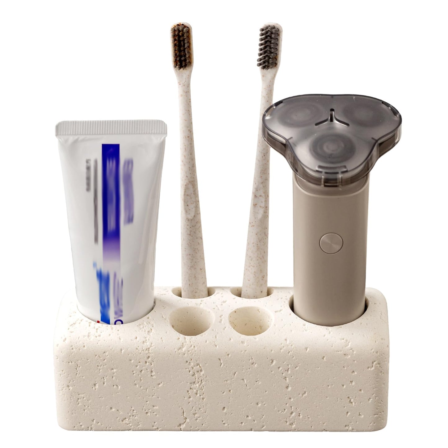 Haocoott Toothbrush Holder with 6 Slots, Bathroom Electric Toothbrush and Toothpaste Holder Set, Bathroom Organizer for Countertop, Shower, Vanity, Travertine Stone Look, Off-White