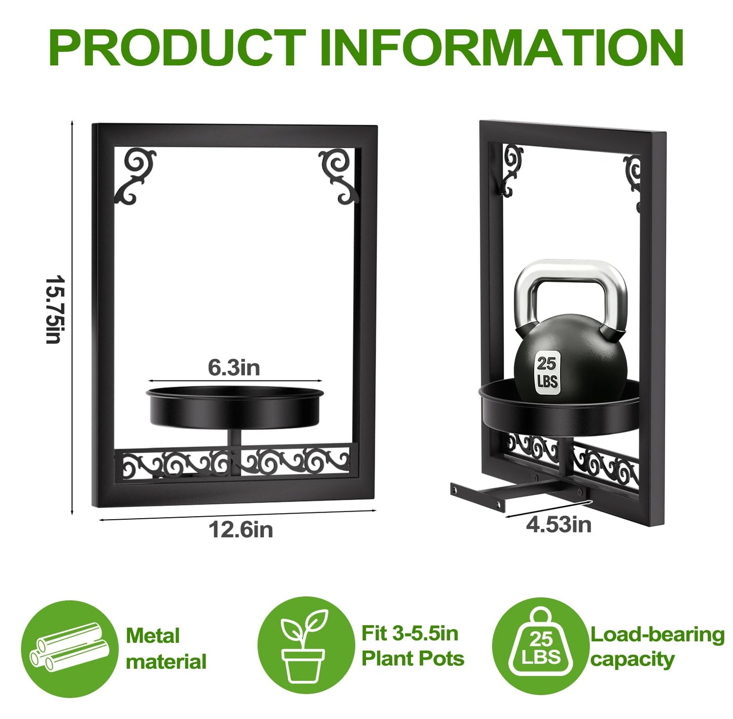 WGFKVAS Wall Plant Holder Set of 3, Picture Frame Plant Holder, Rustproof Holder Metal Modern Style Home Gardening Wall Decor for Living Room Bedroom, Entryway, Black