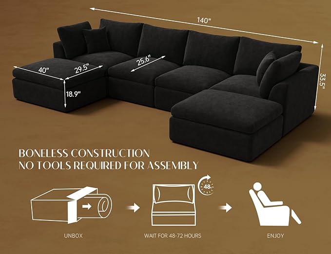 ohllob 140" U Shaped Couch, Cloud Sectional Couches