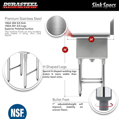 DuraSteel Commercial Stainless Steel Utility Sink - NSF 18 x 18 x 12 Bowl with Right Drainboard & Faucet - Freestanding Outdoor Kitchen Sinks, Outdoor Sinks, Laundry Sink, Garage Shop, Utility Tub