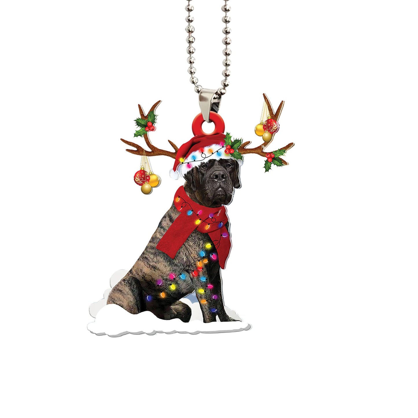 Talataca Brindle English Mastiff Christmas Hat Reindeer With String Light 2D Flat Car Rear View Mirror Accessories Christmas Tree Ornament Decoration Hanging Charm Interior Rearview Pendant Decor Gift