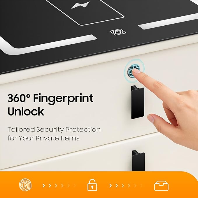 Smart Nightstand with Wireless Charging & Fingerprint Lock, 3-Drawer Bluetooth