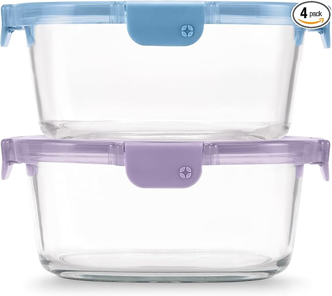 Ello Color Lock 7 Cup 4PC, 2 Pack Glass Meal Prep Sets Leak-Proof Glass Food