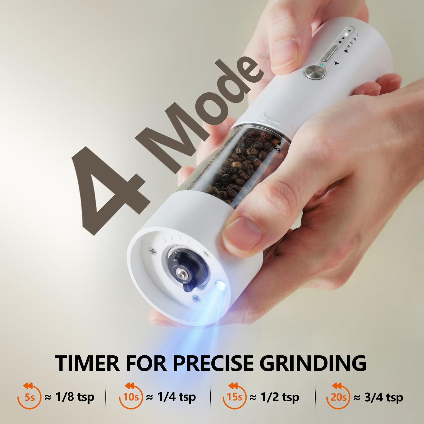 Hxro Electric Salt and Pepper Grinder, 120ml Capacity, 4 Level Timer, Salt and Pepper Mill with LED, USB Rechargeable, Adjustable Coarseness Grinder for Kitchen (2, Black&White Set)