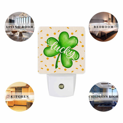 St.Patrick's Day Plug-in LED Night Lights, Lucky Clover Leaves Spring Auto Dusk-to-Dawn Sensor for Bedroom, Bathroom, Kitchen, Nursery, Hallway, Stairs, Wall Home Decor, Gold Coins Backgound