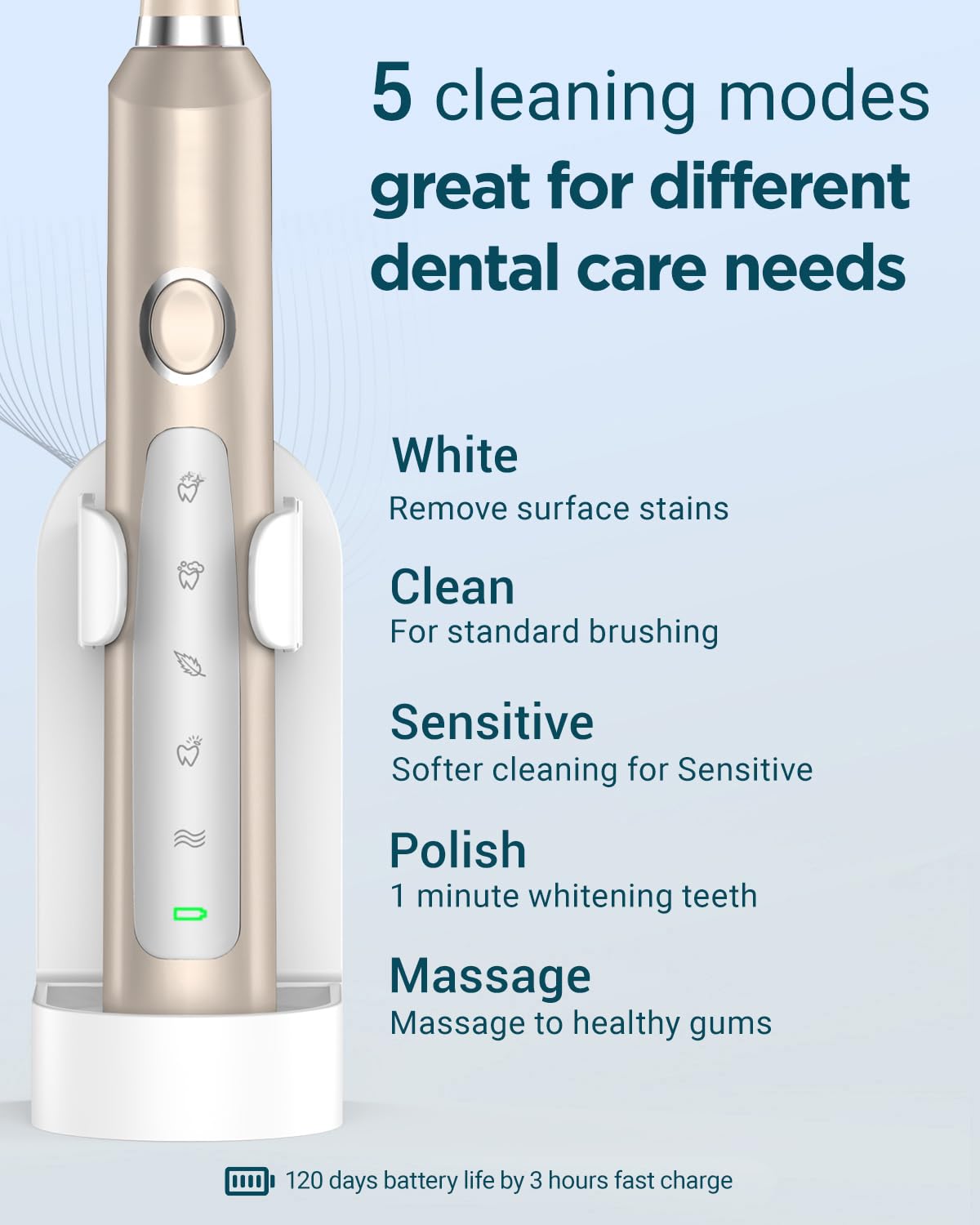 Rtauys M5 Sonic Electric Toothbrush for Adults and Kids - Rechargeable Electric Toothbrush Kids Ages 12+ and Adults with 8 Brush Heads & Travel Case, 120 Days Battery Life - Pink