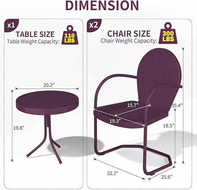 Patio Bistro Set Retro Metal Outdoor Seating Conversation 3 Pieces, 2 C-Spring