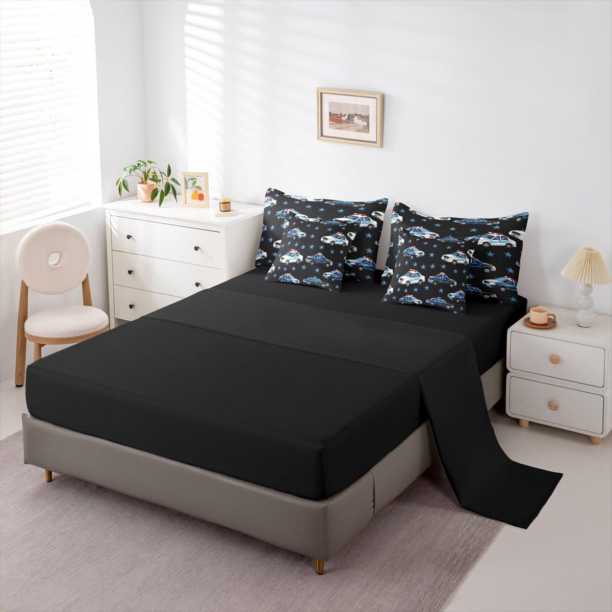 Erosebridal Police Car 7 Pieces Bedding Set Twin for Boys, Cartoon Car Comforter Set with Sheets for Kids Teens Youth Men Bedroom, Policeman Vehicle Bed in A Bag, Star Black Bed Sets, Microfiber