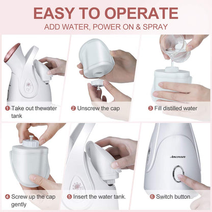 Amconsure Facial Steamer - Nano Ionic Face Steamer Warm Mist Steamer for Home Sauna SPA, Humidifier for Face Steamer for Deep Cleaning Unclogs Pores Sinuses - Bonus 5 Piece Stainless Steel Skin Kit