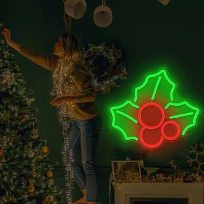Holly Neon Sign for Wall Decor Dimmable Christmas Neon Sign Fruit Neon Light Signs Led Neon Light Up Sign Neon Signs for Bedroom Living Room Shop Bar Pub Club Christmas Gift Party