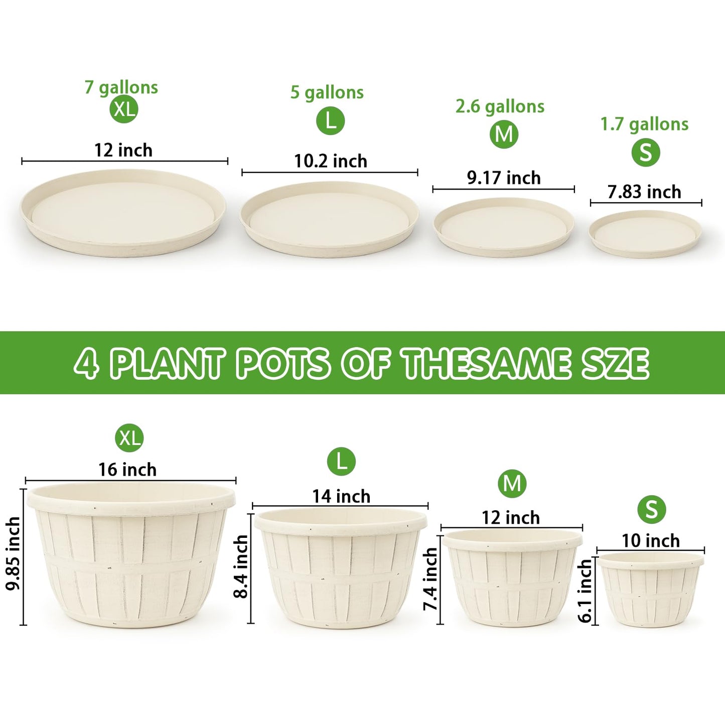 Quarut 12 Inch Large Planter Pot for Plants Indoor Outdoor, 4 Pack Plastic Flower Pots with Drainage Hole & Tray, Modern Decorative Garden Pot with Saucer, Plant Container for House（White）
