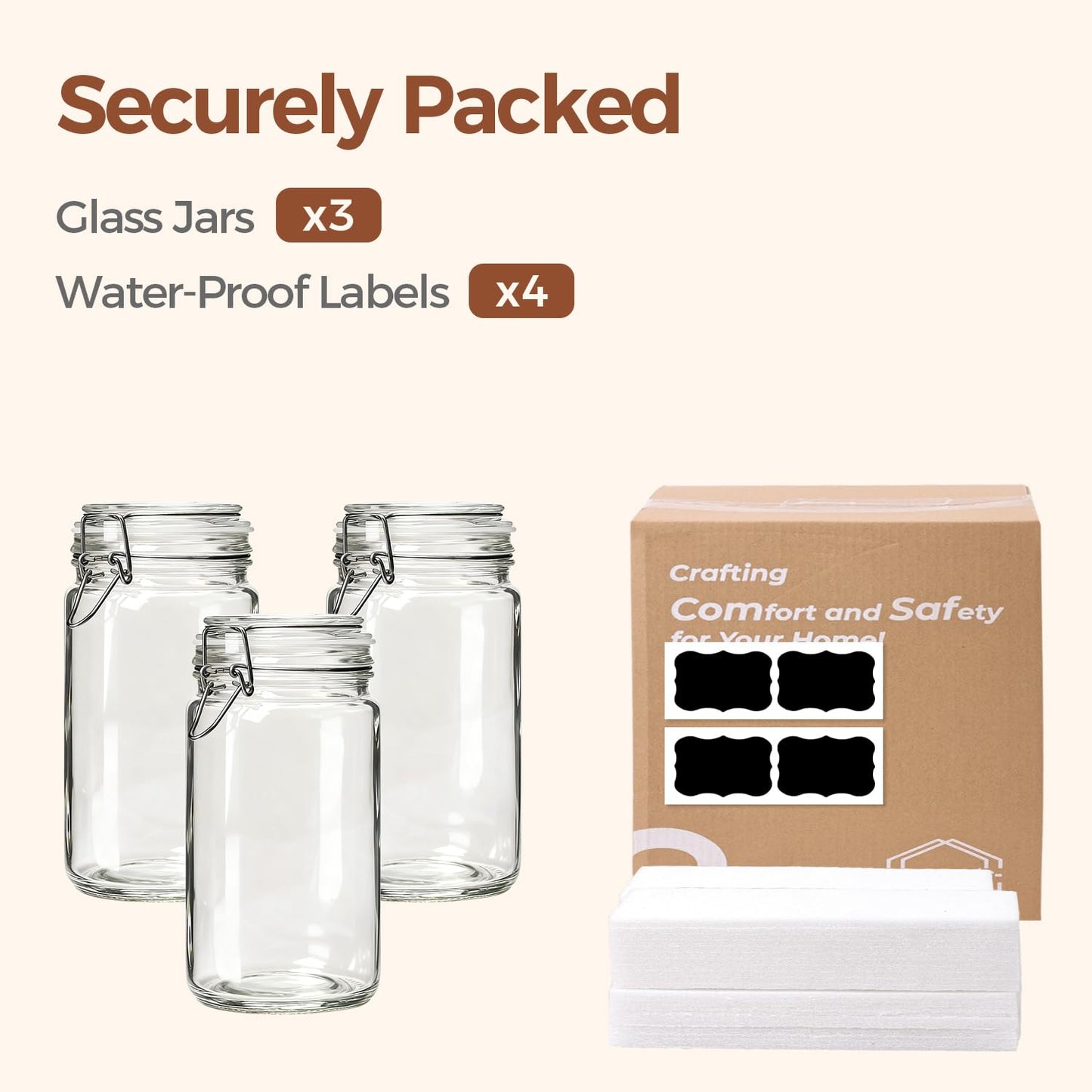 ComSaf 1 Quart Glass Jars with Airtight Lids (32oz, Set of 3), Straight-Sided Canisters for Sourdough Starter & Fermenting, 1L Hermetic Pantry Storage for Flour, Sugar, and Coffee