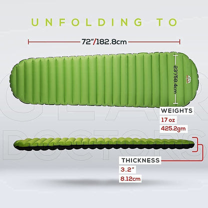Gear Doctors Ultralight 17oz Apollo-Air Sleeping pad + Teal Anti Slip Camping Pillow Duo, 5.2 R-Value 4 Season Air Mattress with Ergonomic Ultralight Pillow The Size of A Soda Can
