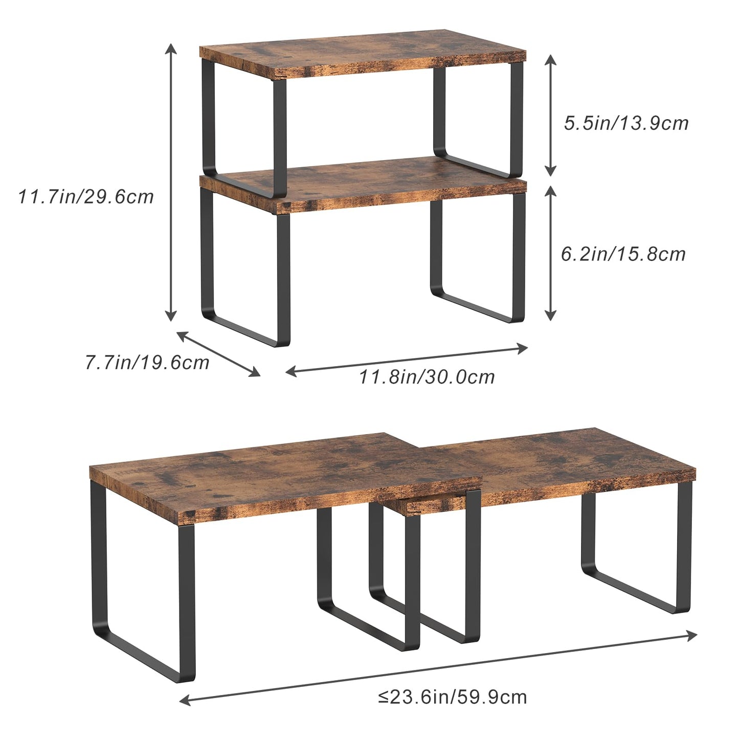 Set of 4 Counter Shelves Kitchen Stackable Cabinet Shelf Wood Organizer Expandable Counter Top Racks Brown Bathroom Counter organizer