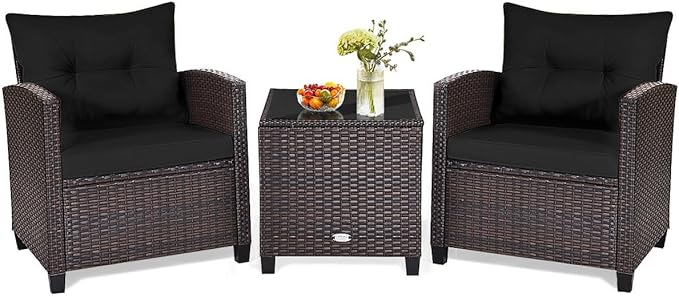 HAPPYGRILL 3 Pieces Patio Conversation Set, Outdoor Furniture Set PE Rattan