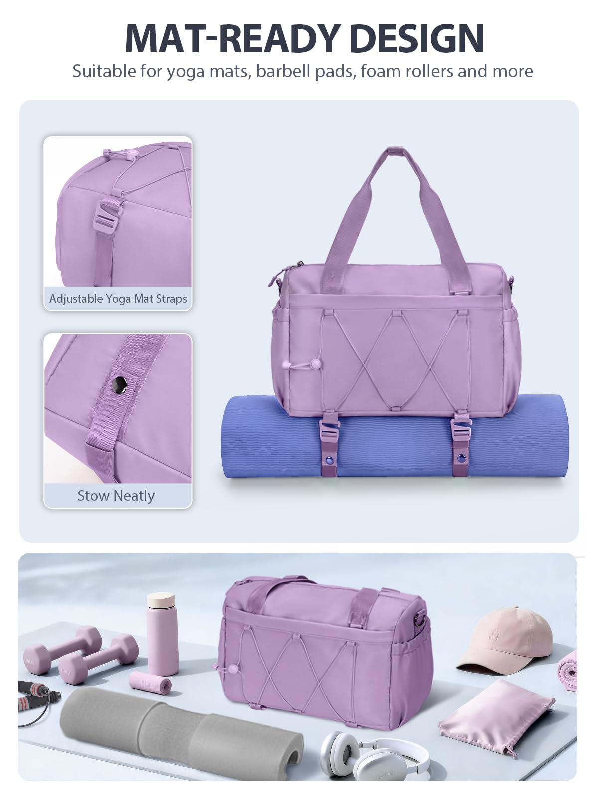 Small Gym Bag for Women with Yoga Mat Holder and Wet Compartment, Mini Gym Duffle Bag Yoga Bag with Water Bottle Pocket for Workout Travel, Purple