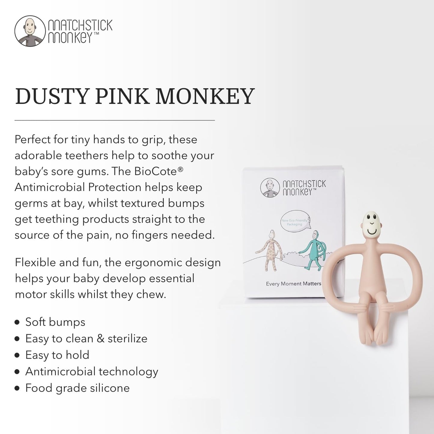 Matchstick Monkey, Original Teether & Gel Applicator, Antimicrobial Silicone Teething Toys for Baby, Easy to Grip, BPA Free, 3 Months Old+, 10.5 cm, Dusty Pink Monkey