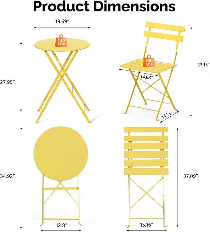 VINGLI Outdoor Folding Bistro Table and Chairs Set of 2, 3-Piece Bistro Set