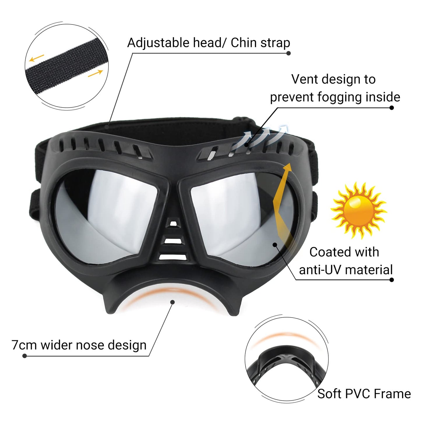 NAMSAN Dog Goggles Eye Protection Dog Sunglasses Anti-UV Goggles Windproof Puppy Goggles with Adjustable Flexible Straps for Small/Medium Dogs (Silver)