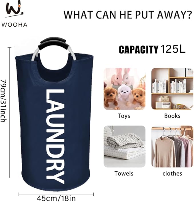 WOOHA 125L Large laundry basket, Collapsible laundry hamper, Tall Clothes