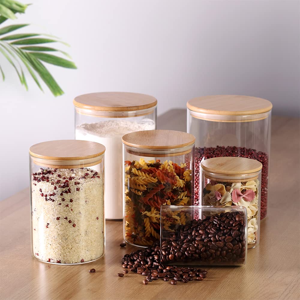 Tzerotone Glass flour Jars with Airtight Lids, 6 Pack Sugar and Flour Salt Containers Set, Extra Large Glass Rice Jar with Bamboo lid for Kitchen, Brown Suger, Beans, Groub Coffee (100OZ/54OZ/27OZ)