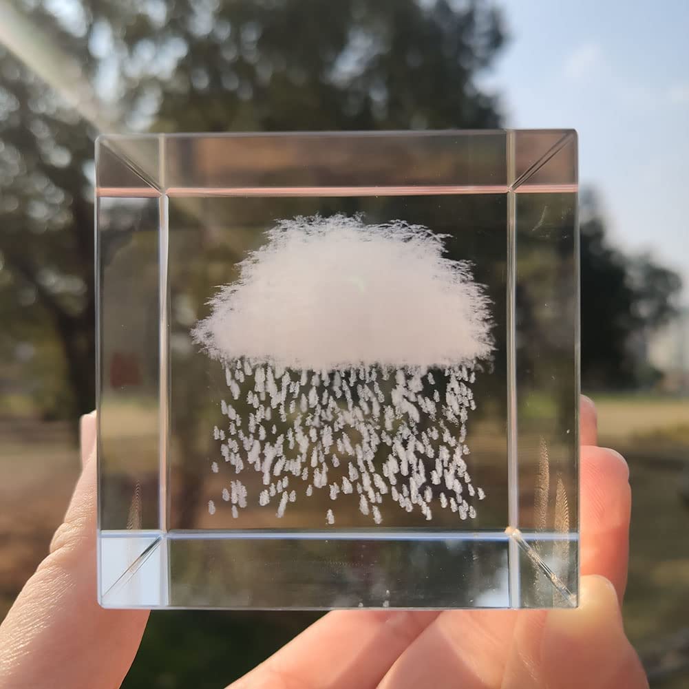Crrezhai 3D Rain Cloud Crystal Cube Paperweight Room Decor K9 Glass Feng Shui Ornaments Figurines Engraving for Home (Rain)