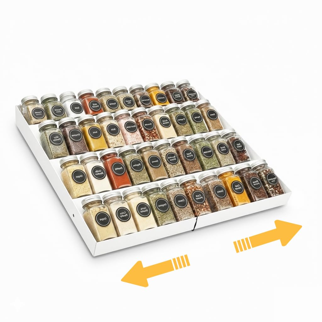 GOENDR Metal Spice Drawer Organizer, 4 Tier Spice Rack for Drawer, Expandable Seasoning Organizer For 11.4-22.8” Wide Drawer, Holds up to 48 Spice Jars (Not Included), White