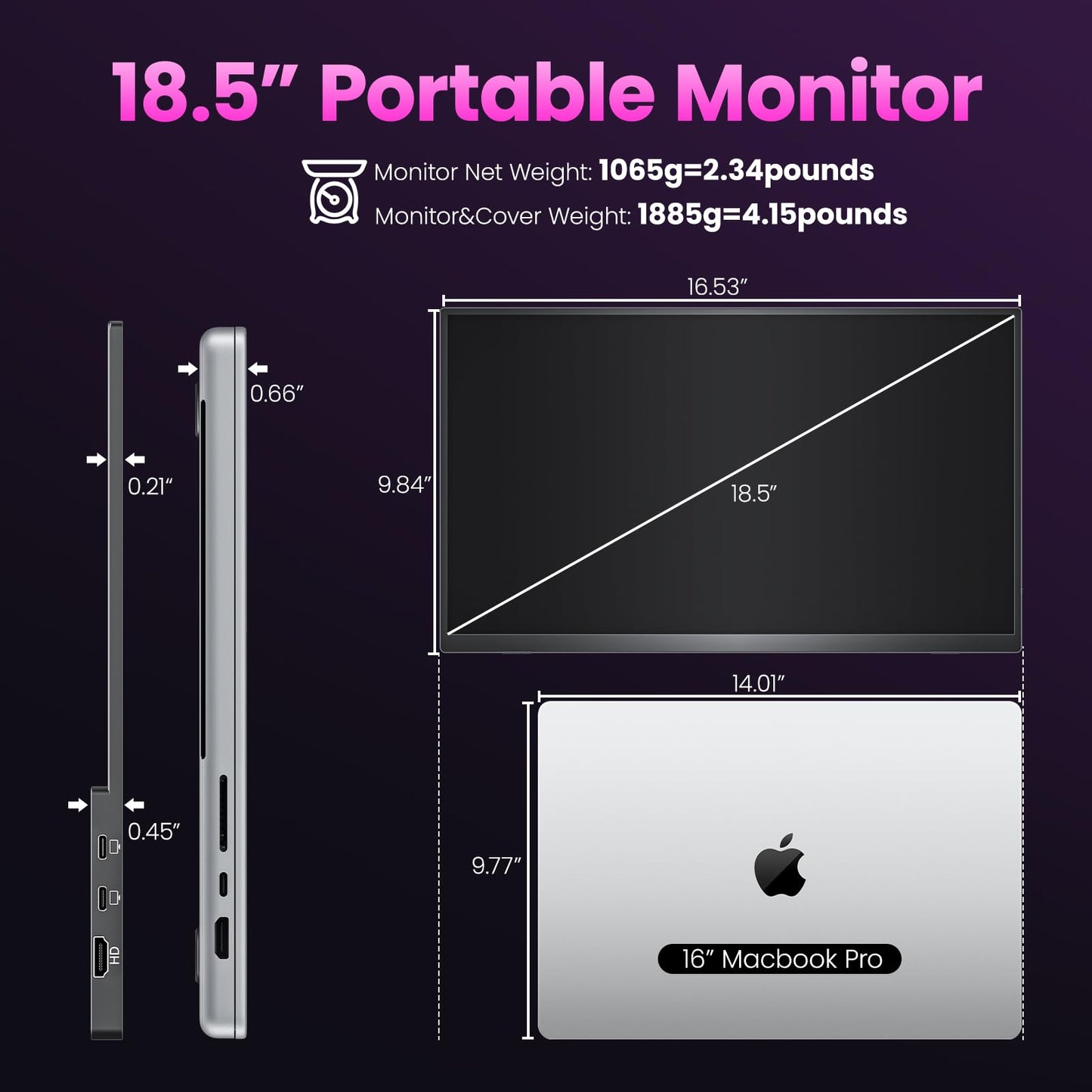 Portable Monitor 15.6" FHD 85% sRGB 60Hz IPS HDR HDMI USB-C Travel Monitor for Laptop MacBook PC Surface PS5 Xbox, External Display with Cover & Speakers, VESA Compatible