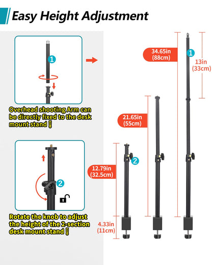 Overhead Camera Mount Desk Stand, Camera Arm Desk Mount Clamp Stand with 360°Adjustable Magic Arm, Webcam Arm Mount Stand w Ballhead Phone Mount for Desk Logitech Microphone Video Light Cell Phone