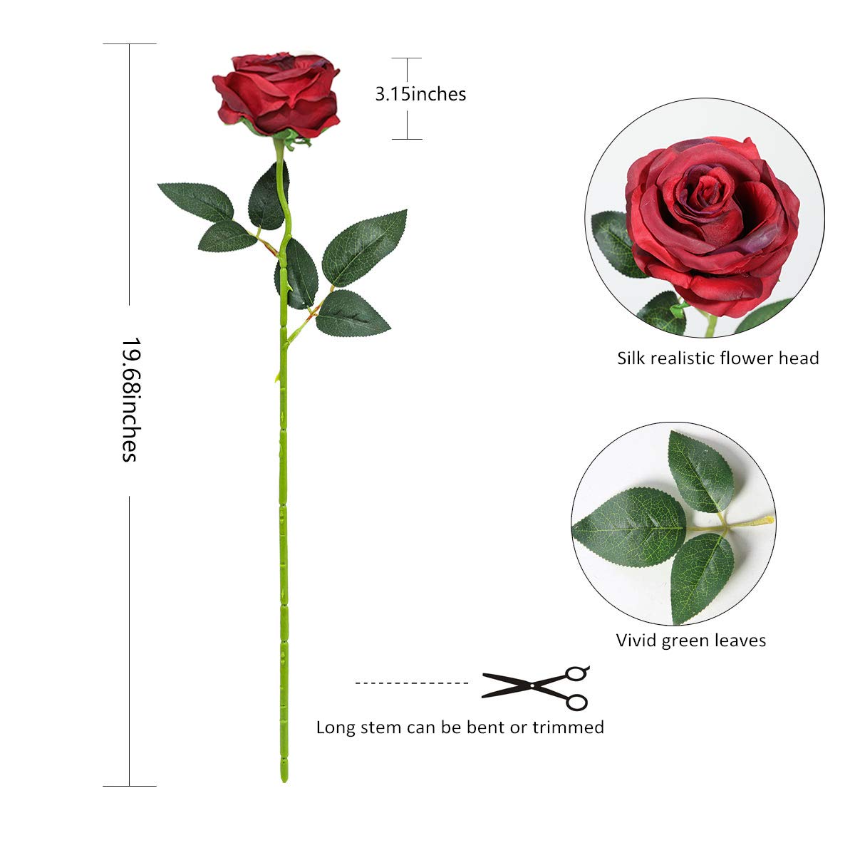 Tifuly 12 PCS Artificial Roses, 19.68'' Single Long Stem Fake Rose Silk Bridal Wedding Bouquet Realistic Flower for Home Garden Party Hotel Office Decor(Blossom Roses,Burgundy)
