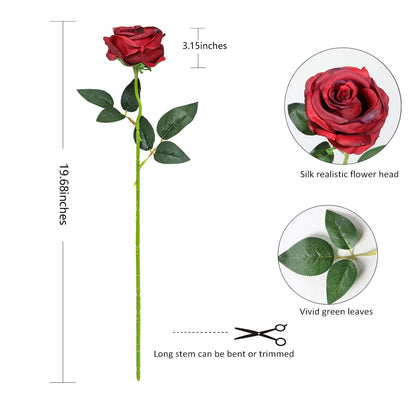 Tifuly 12 PCS Artificial Roses, 19.68'' Single Long Stem Fake Rose Silk Bridal Wedding Bouquet Realistic Flower for Home Garden Party Hotel Office Decor(Blossom Roses,Burgundy)