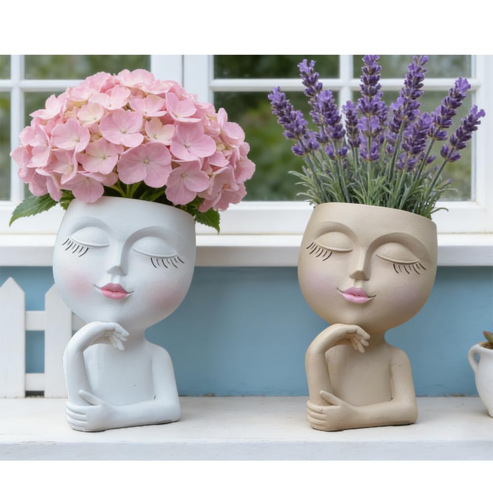 Thinking Face Planter, Funny Plant Pots, Cute Head Flower Pot with Drainage for Indoor Outdoor Succulent/Herb, Unique Minimalist White Vase, Garden Home Office Desk Shelf Art Decor, Women Gift 7"