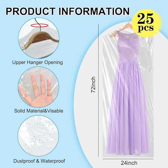 BEISHIDA 25PCS 72 Inch Plastic Garment Bag-Plastic Clear Dry Cleaner Laundry
