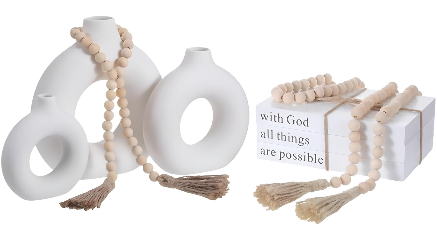 Reallnaive 8 Pcs Rustic Vase Centerpieces Set Included Boho Ceramic Vase Decorative Books Wood Bead Garland with Tassels for Farmhouse Table Island Living Room Decor(with God All Things are Possible)